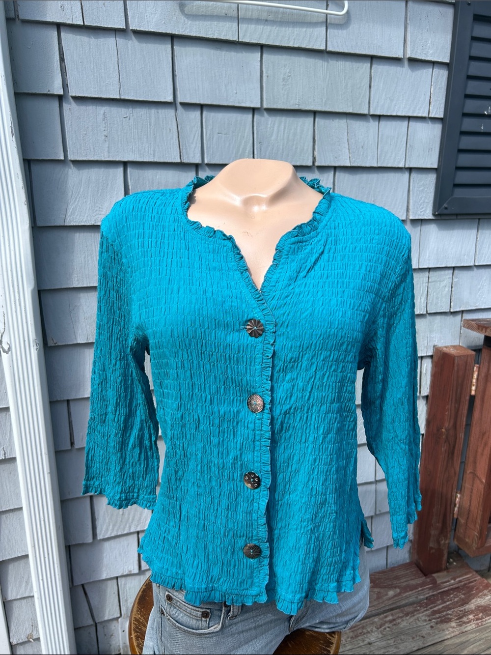 Nomadic Traders Crinkled Teal Button-Front Women's Blouse - rayon- med